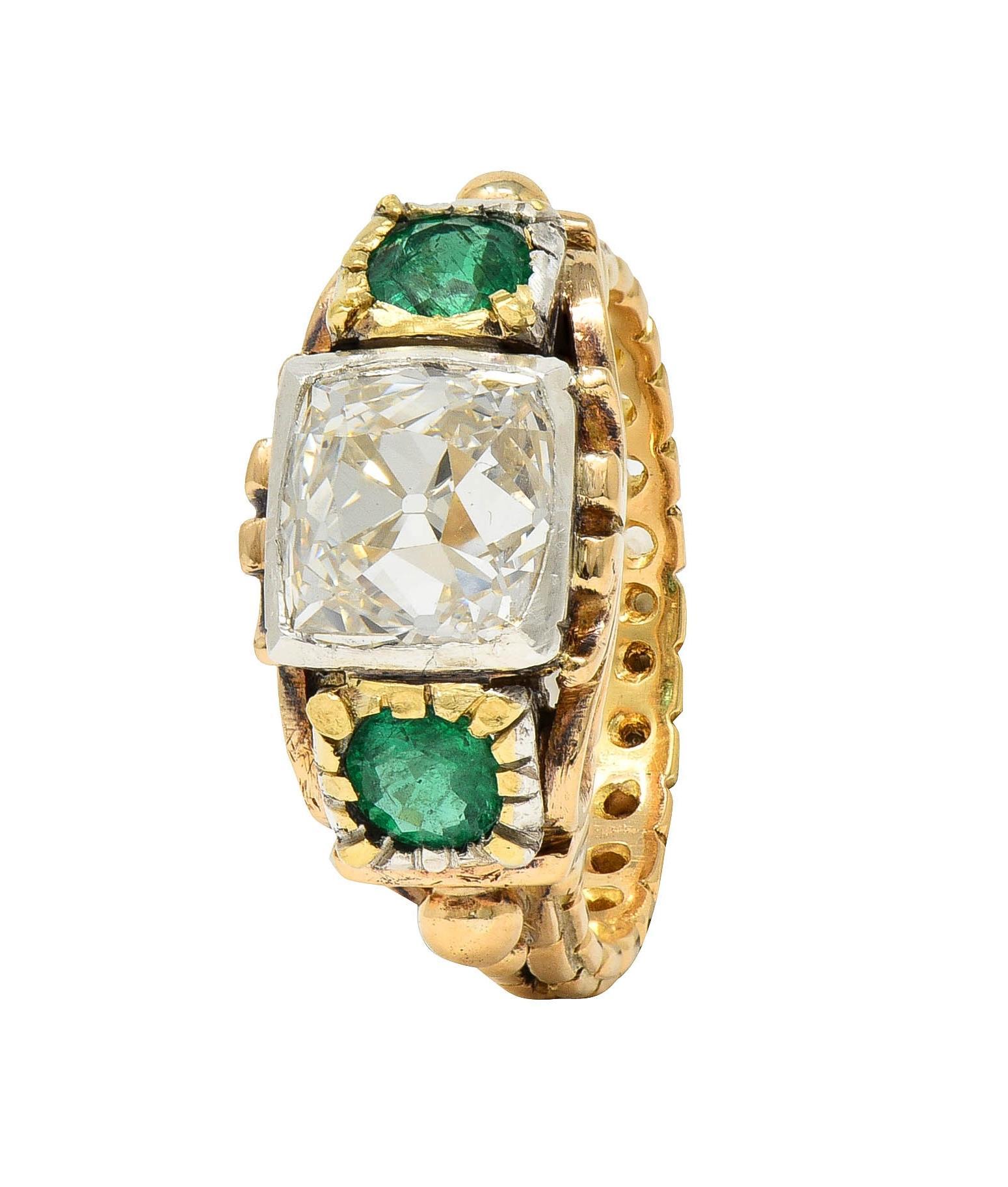 Early Victorian 3.92 CTW Peruzzi Cut Diamond Emerald 18 Karat Gold Antique Ring For Sale 4