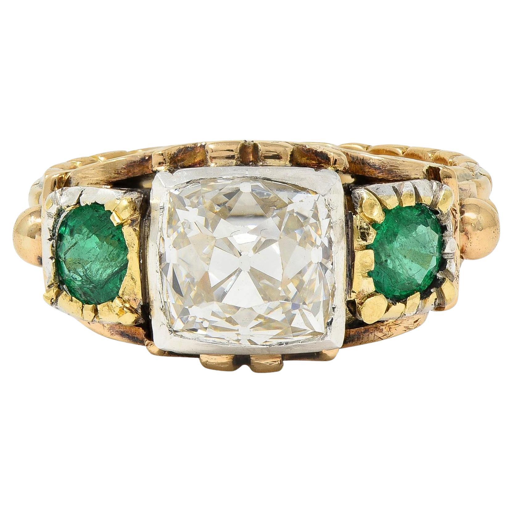 Early Victorian 3.92 CTW Peruzzi Cut Diamond Emerald 18 Karat Gold Antique Ring For Sale