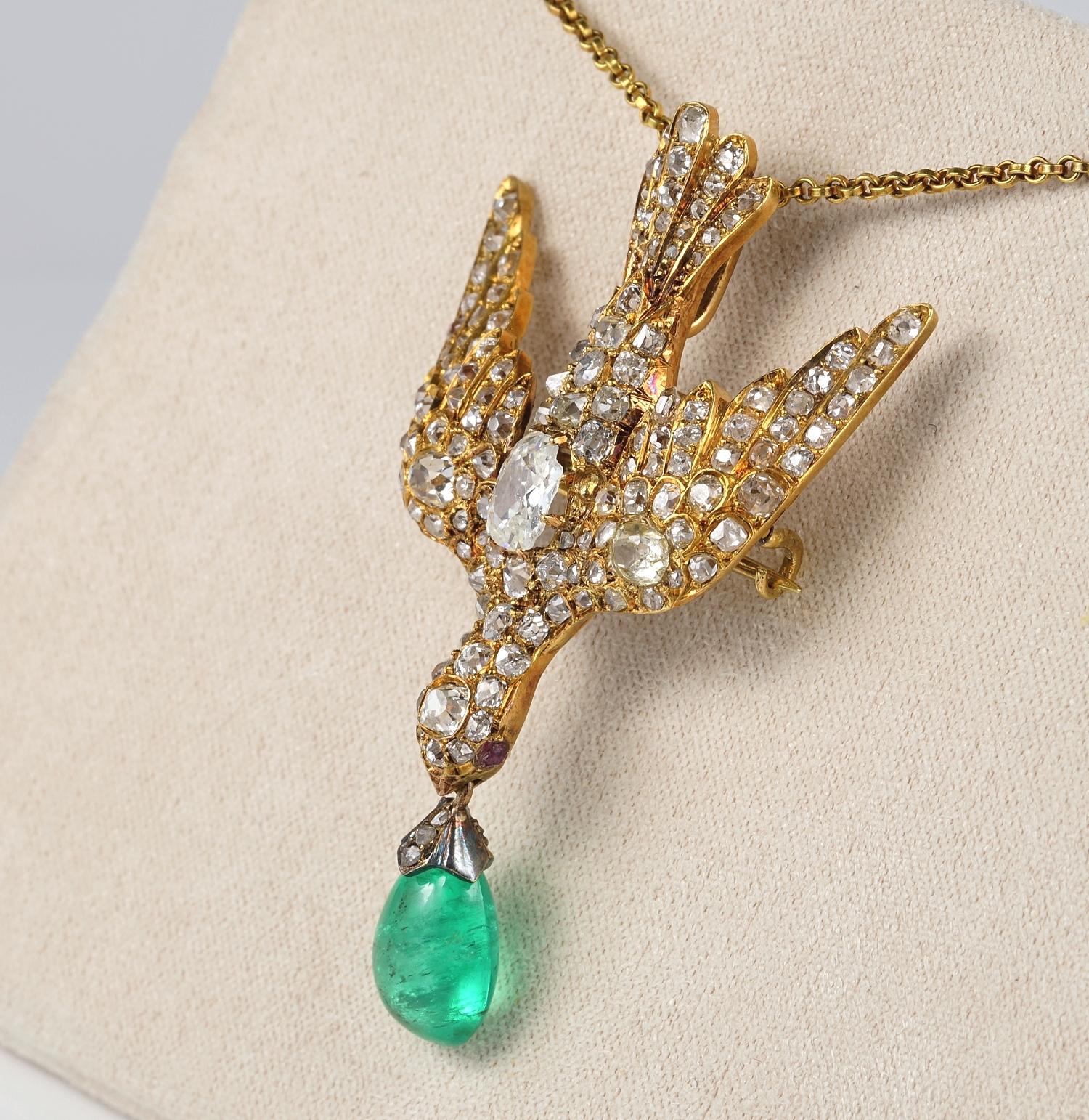 Early Victorian 4.35 Carat Colombian Emerald 4.0 Carat Diamond Dove Saint Esprit 1