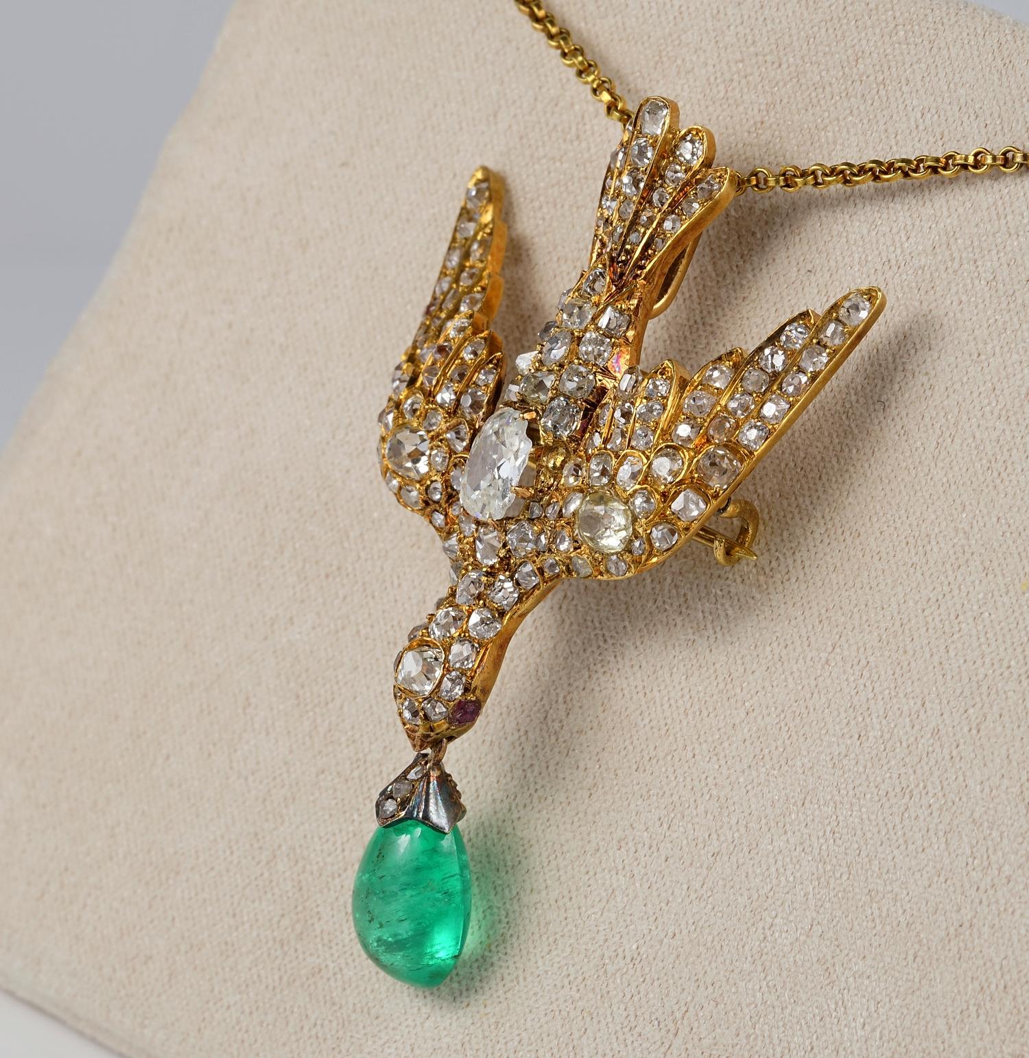 Early Victorian 4.35 Carat Colombian Emerald 4.0 Carat Diamond Dove Saint Esprit 2