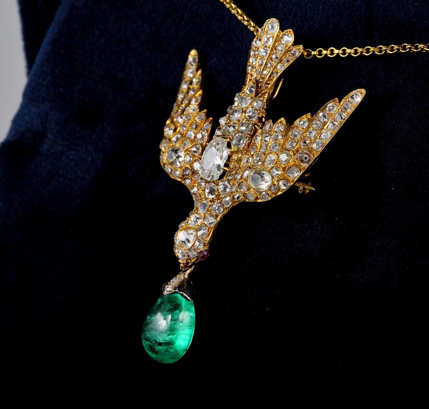 Early Victorian 4.35 Carat Colombian Emerald 4.0 Carat Diamond Dove Saint Esprit 3