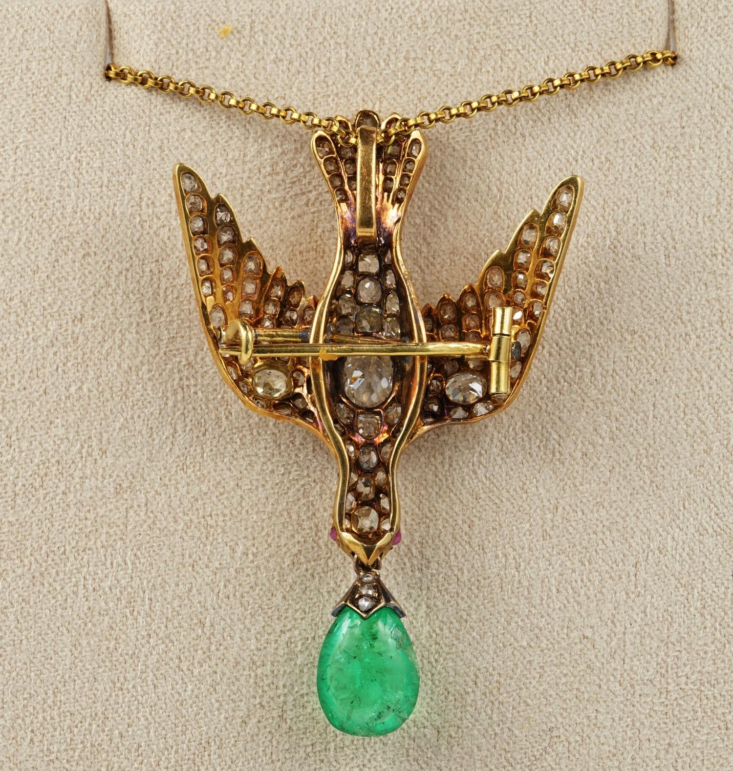 Early Victorian 4.35 Carat Colombian Emerald 4.0 Carat Diamond Dove Saint Esprit 4