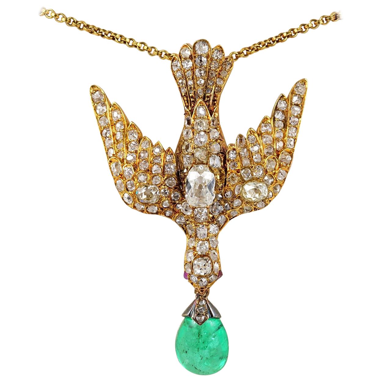 Early Victorian 4.35 Carat Colombian Emerald 4.0 Carat Diamond Dove Saint Esprit