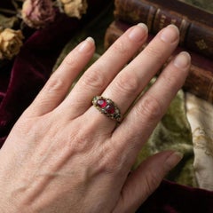 Early Victorian 9KT Gold Red Glass Ring with Seed Pearls and Green Accents
