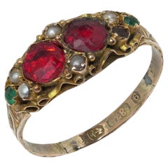 Early Victorian 9KT Gold Red Glass Ring with Seed Pearls and Green Accents