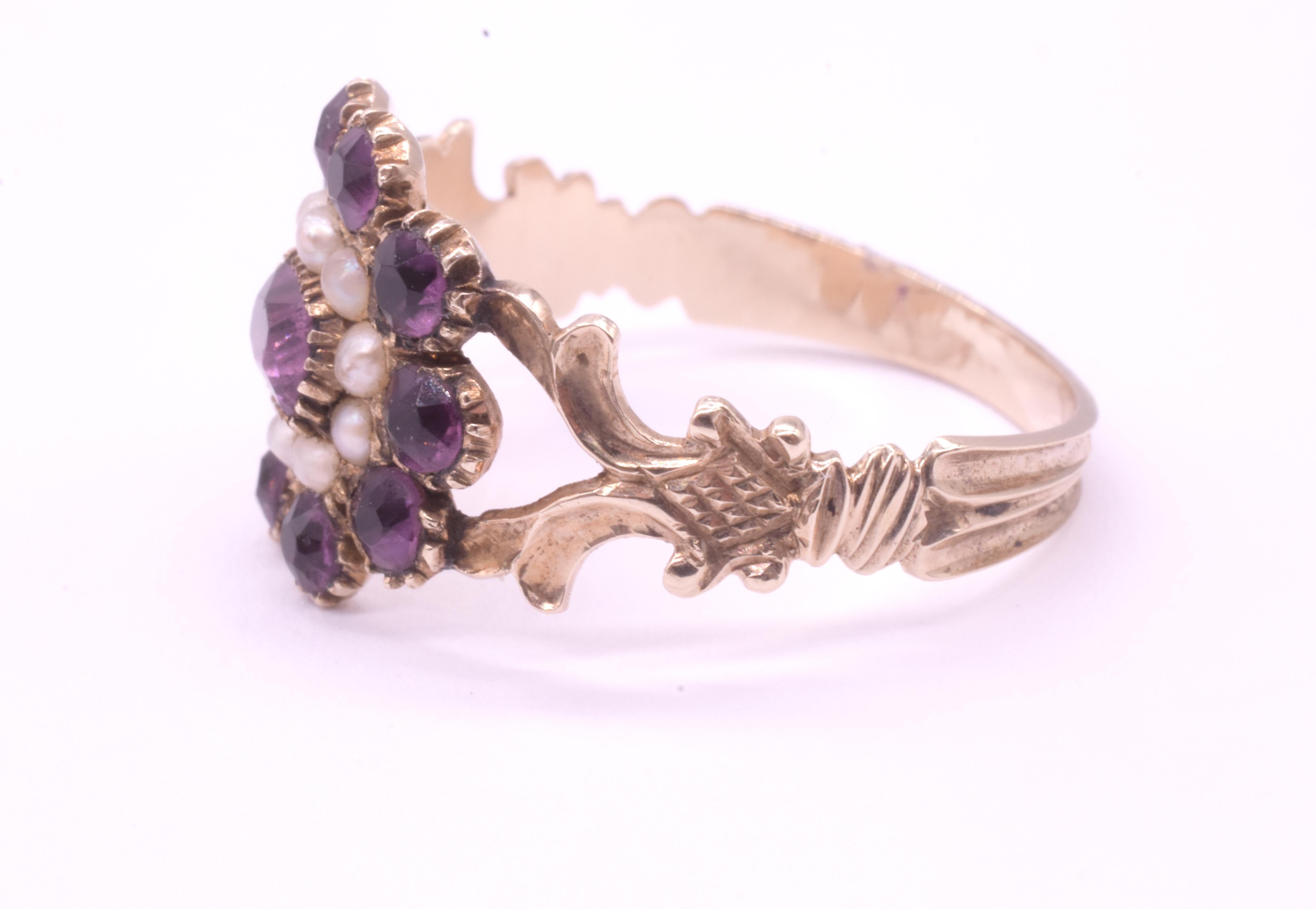 Frühviktorianischer Amethyst- und Perlen-Cluster-Ring (Alteuropäischer Brillantschliff) im Angebot