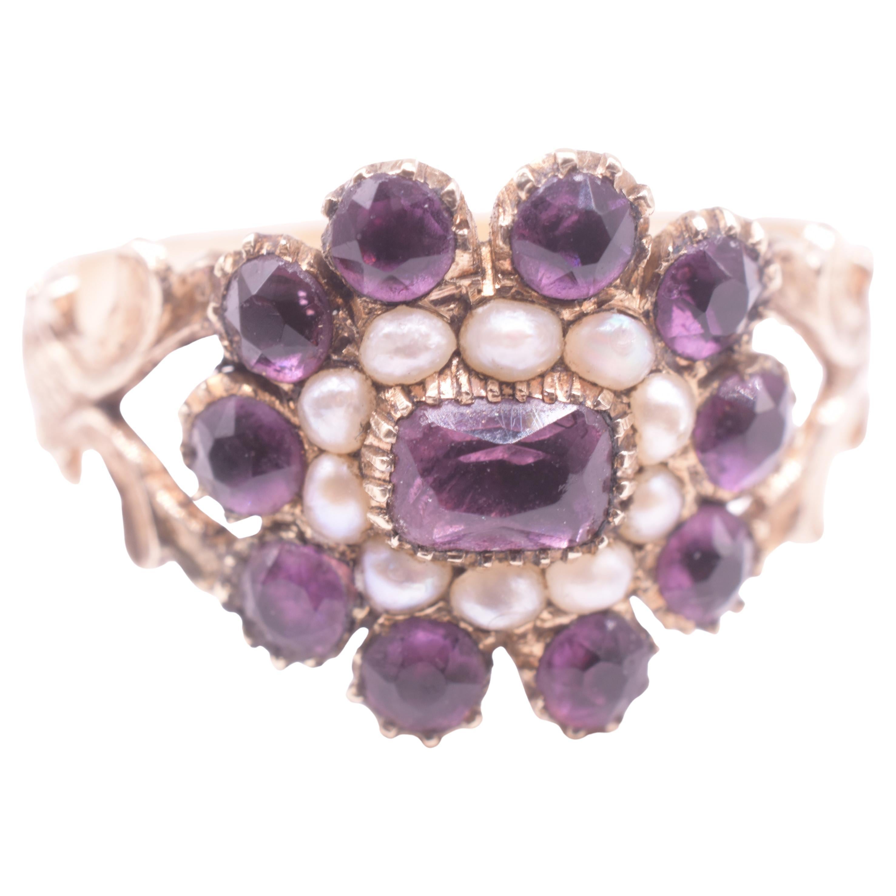 Frühviktorianischer Amethyst- und Perlen-Cluster-Ring