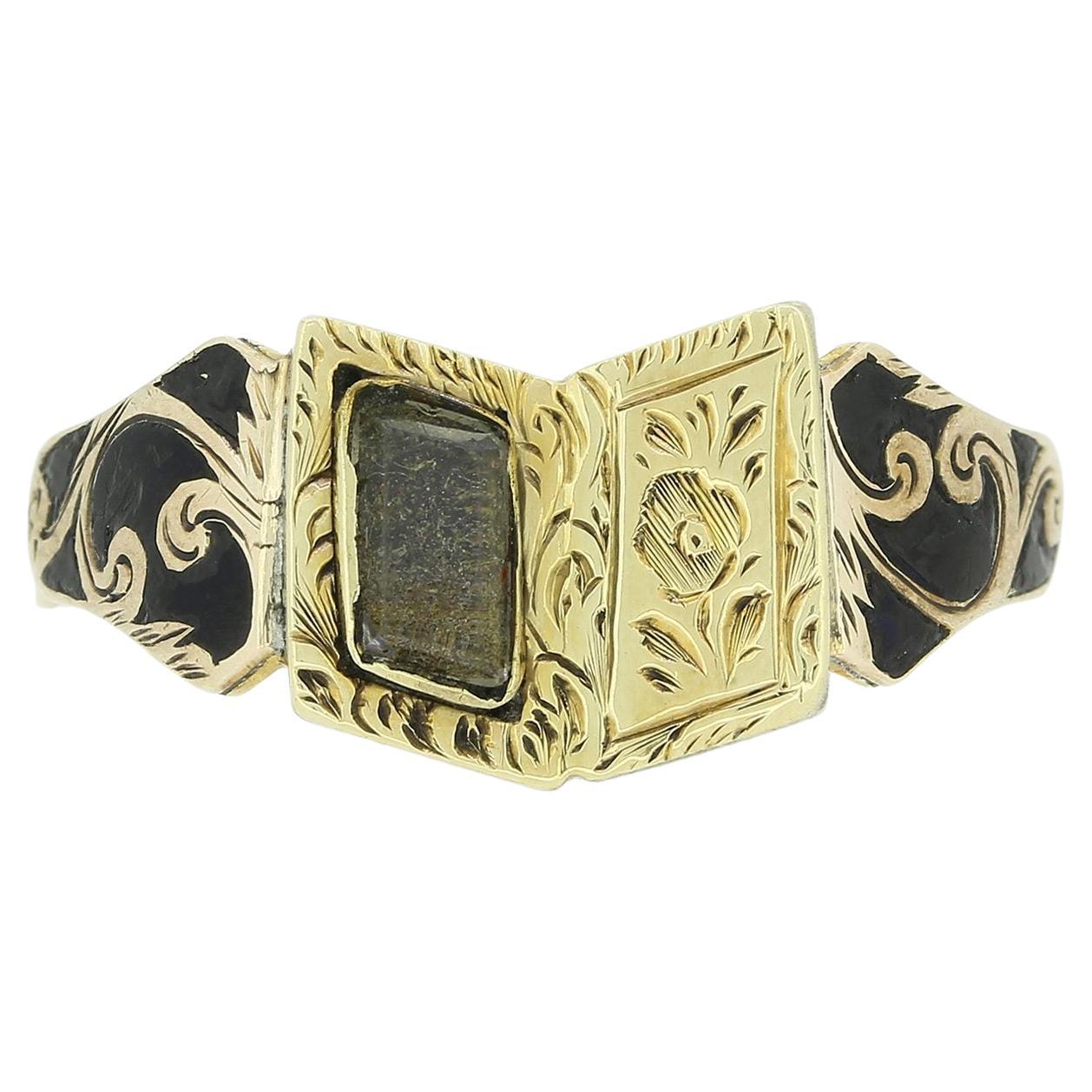 Early Victorian Black Enamel Book Locket Mourning Ring For Sale