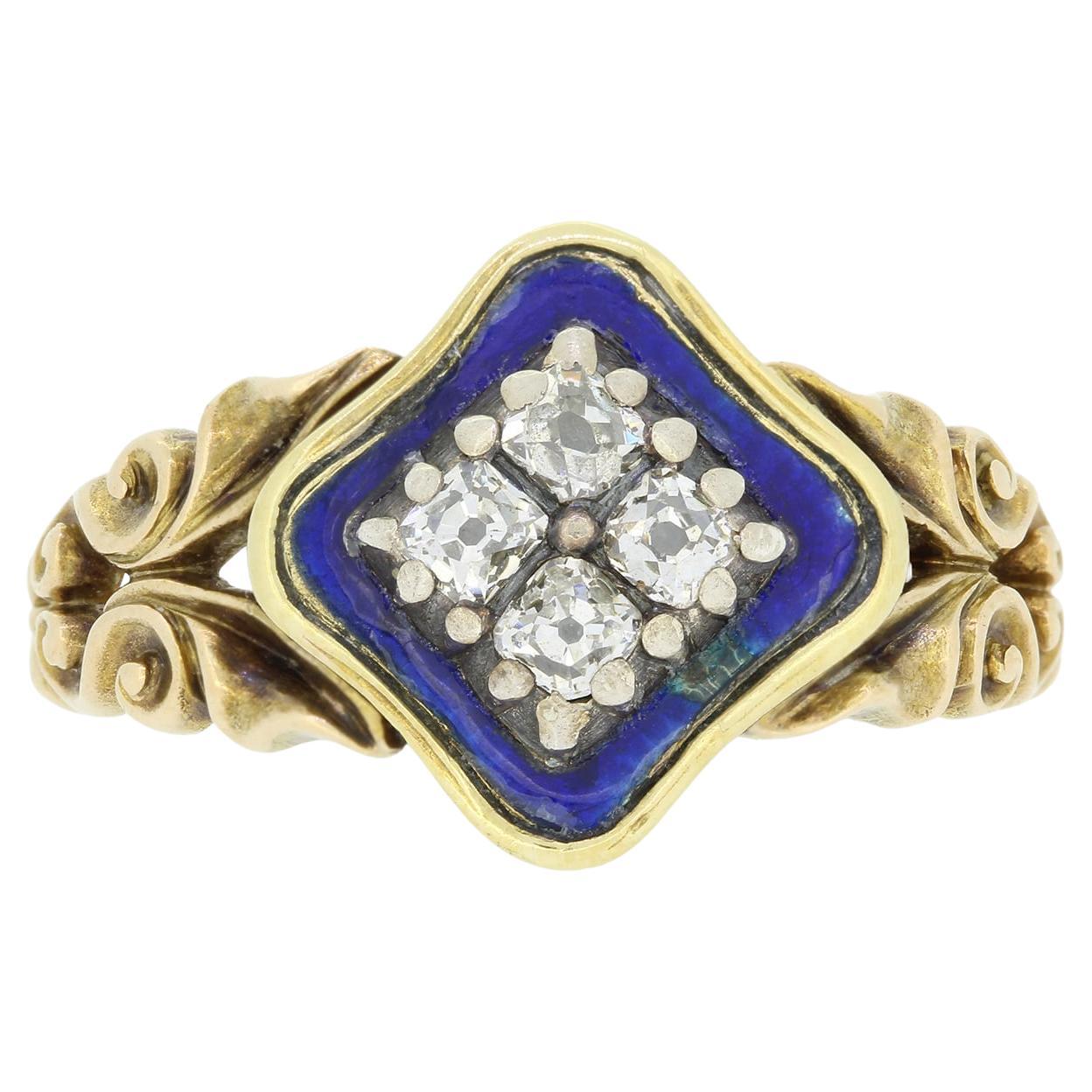 Early Victorian Blue Enamel and Diamond Ring For Sale