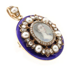 Early Victorian Blue Enamel, Pearl and Diamond Locket