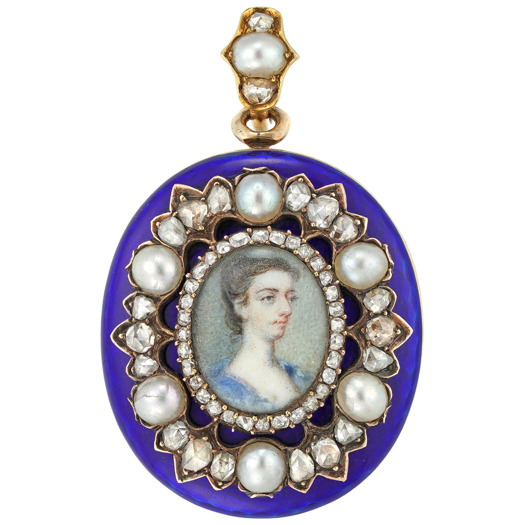 Frühviktorianisches Medaillon aus blauer Emaille, Perlen und Diamanten