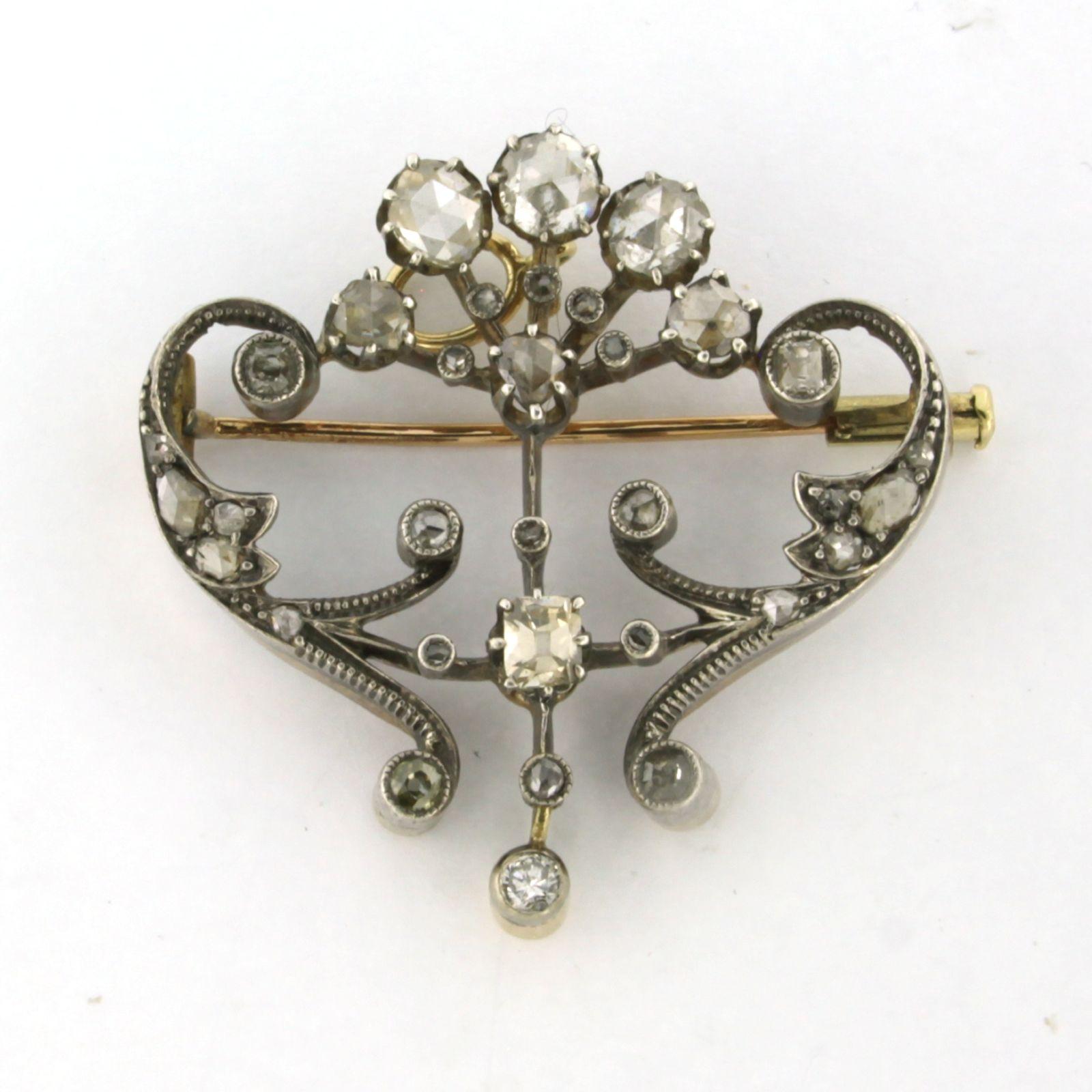 Old Mine Cut Early Victorian brooch with old mine and rose cut diamonds 14k gold and silver