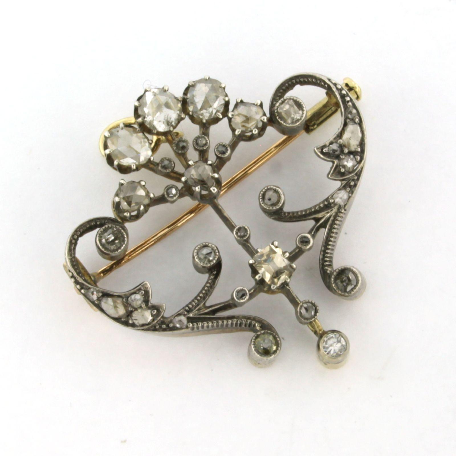 Early Victorian brooch with old mine and rose cut diamonds 14k gold and silver 1