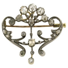 Early Victorian brooch with old mine and rose cut diamonds 14k gold and silver
