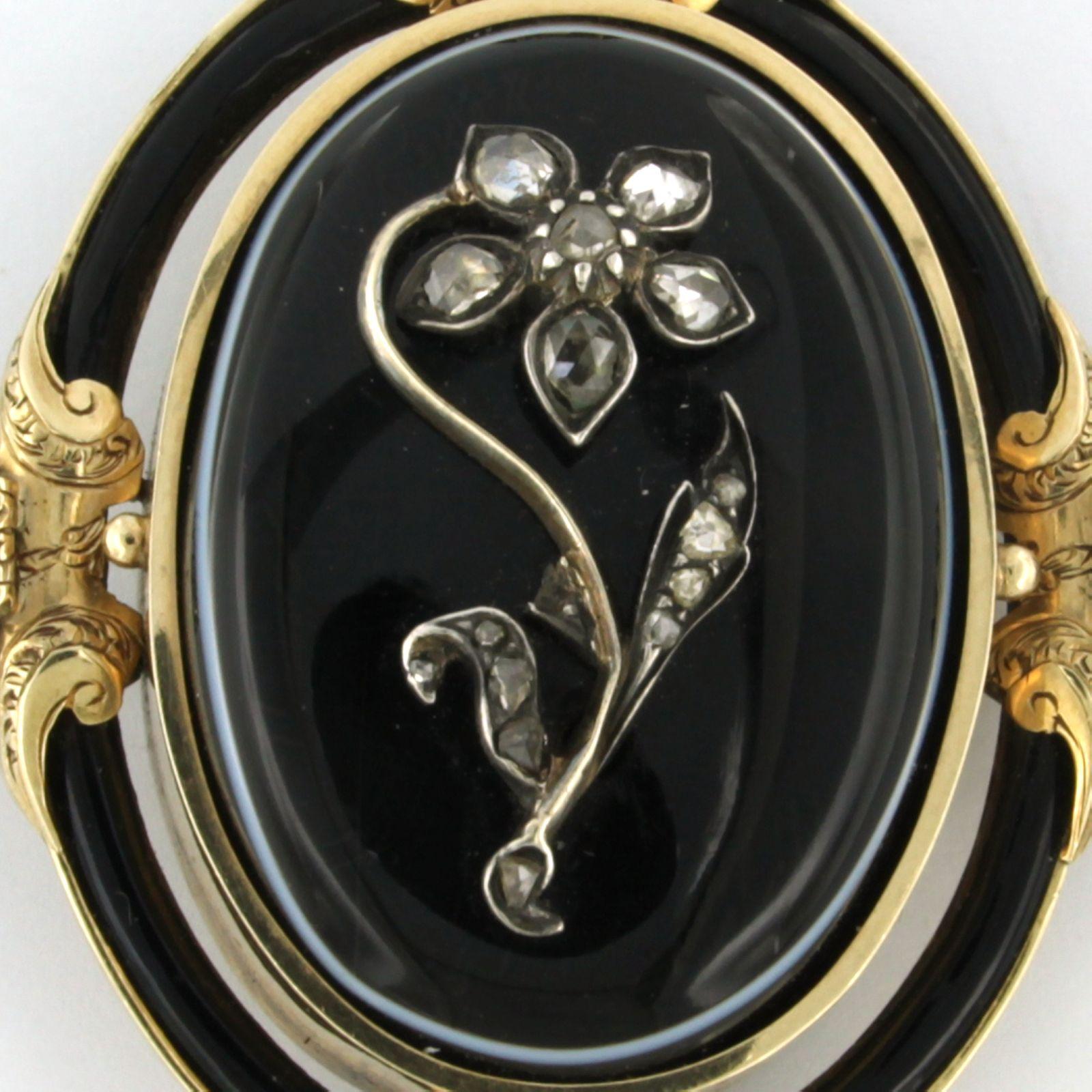 Rose Cut Early Victorian brooch with onyx and rose cut diamonds 14k gold and silver For Sale