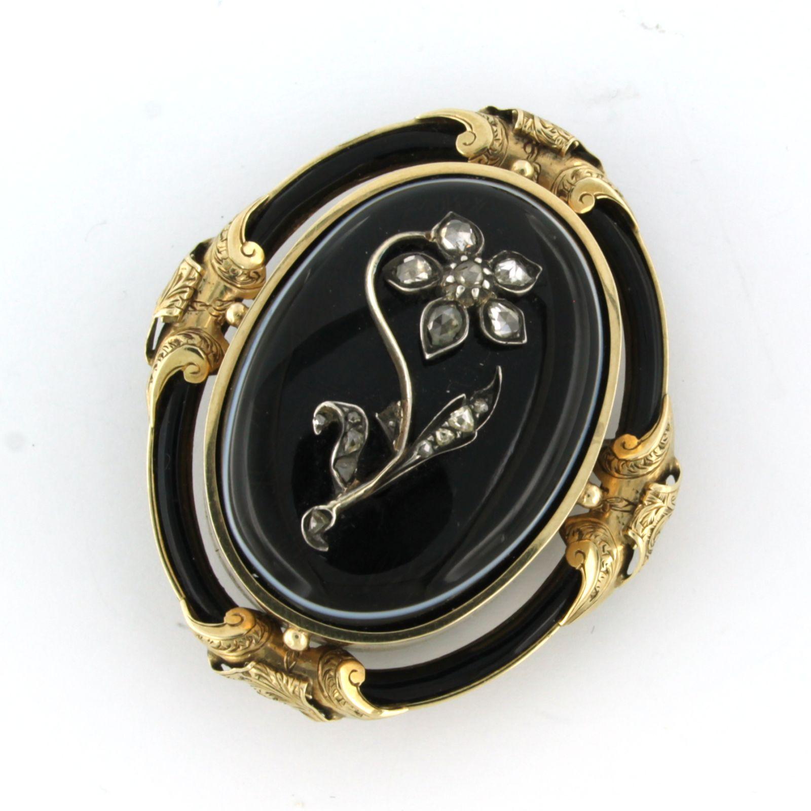Women's Early Victorian brooch with onyx and rose cut diamonds 14k gold and silver For Sale