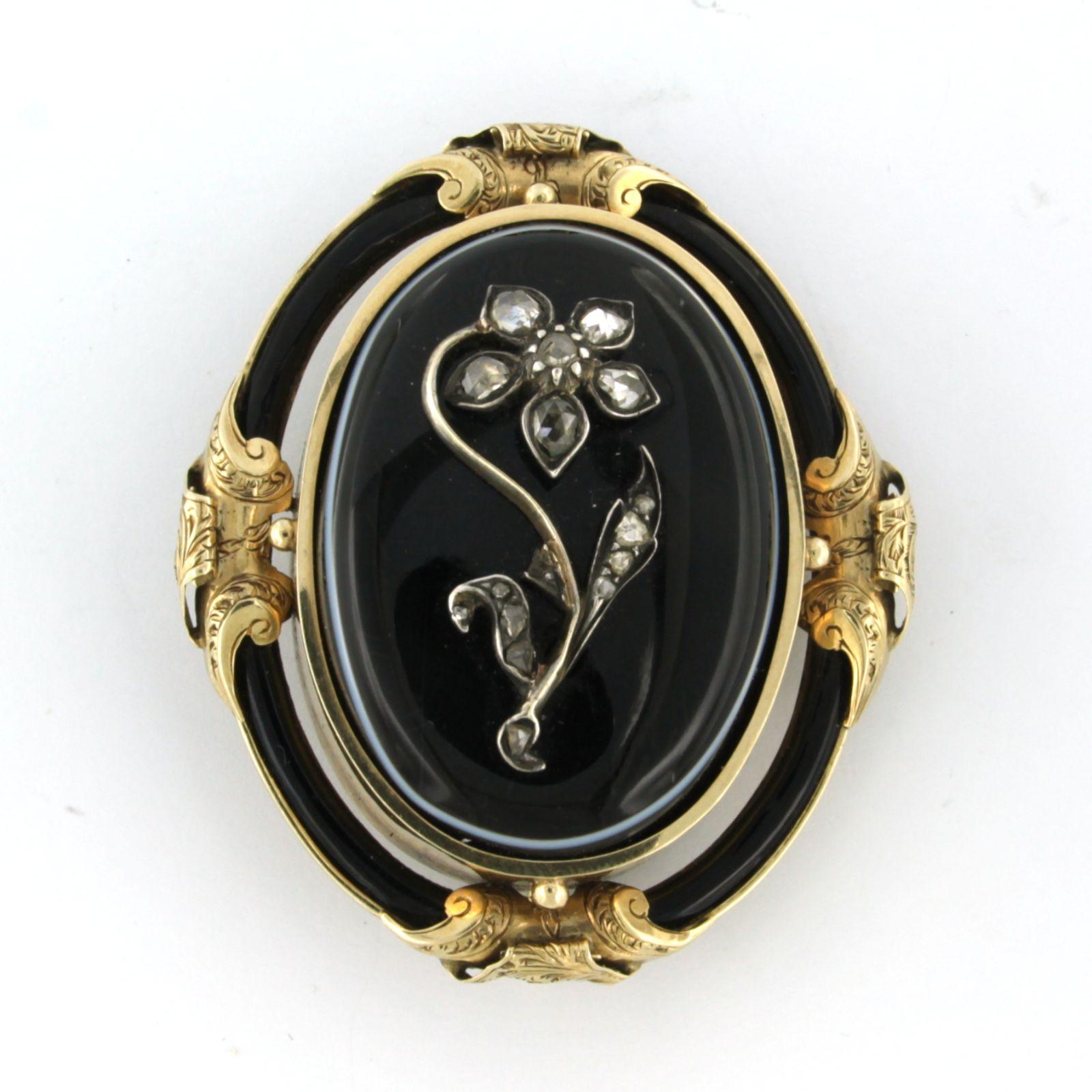 Early Victorian brooch with onyx and rose cut diamonds 14k gold and silver For Sale 2