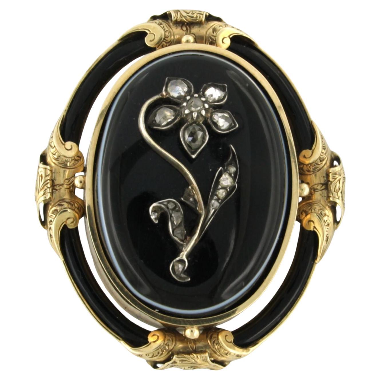 Frühviktorianische Brosche aus 14 Karat Gold und Silber mit Onyx und Diamanten im Rosenschliff