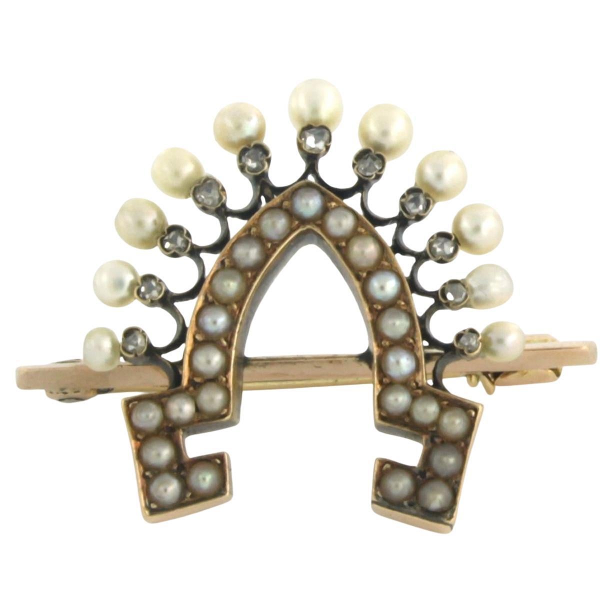 Early Victorian brooch with pearls and rose cut diamonds up to 0.05ct 14k gold