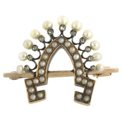 Broche victoriano antiguo con perlas y diamantes talla rosa de hasta 0,05 ct Oro de 14k