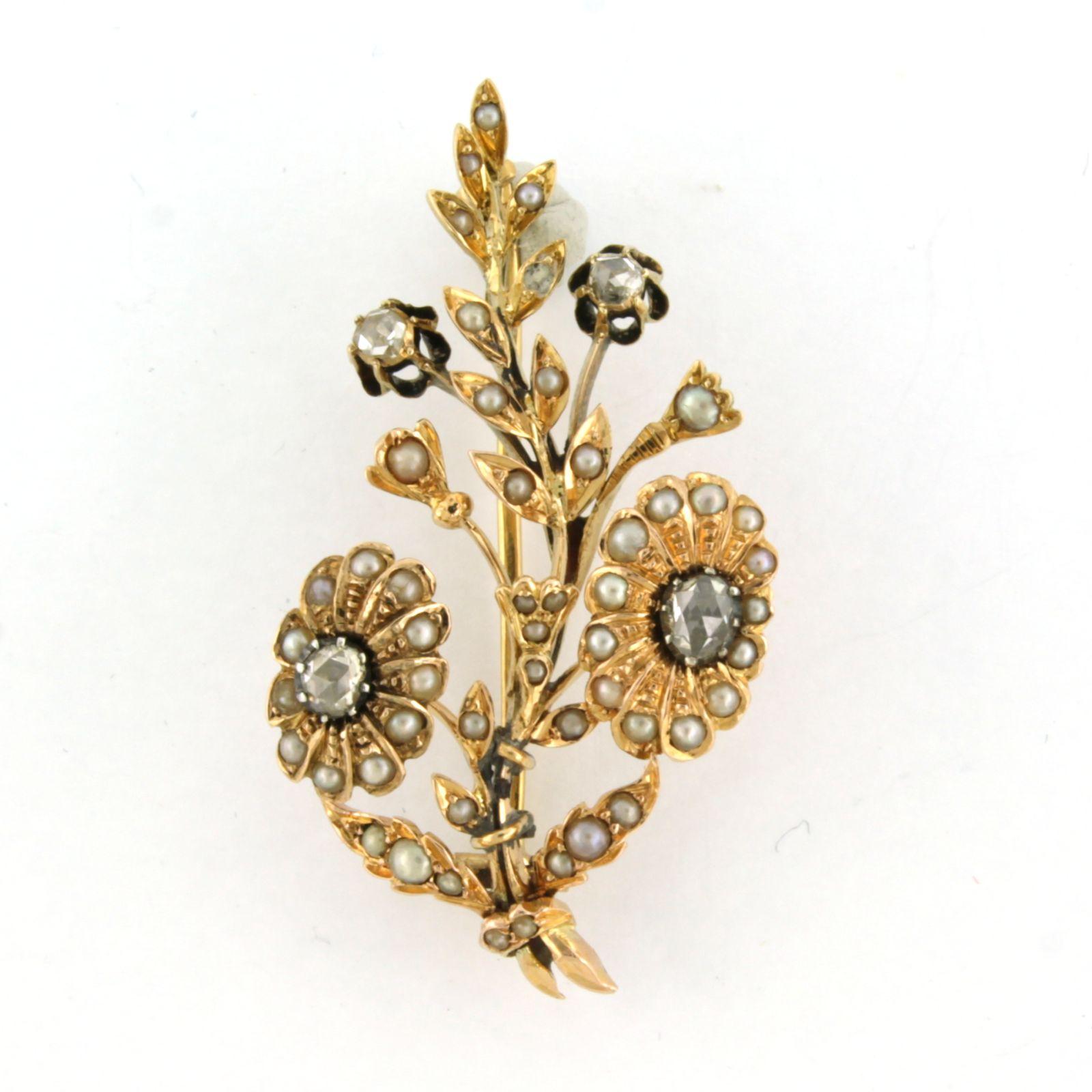 14k yellow gold brooch set with stone pearls and rose diamonds up to 0.20ct 

Detailed description

the size of the brooch is 4.7 cm by 2.6 cm wide 

weight 8.9 grams

set with

- 55 x 1.7 mm – 2.0 mm round stone pearls 

color white
purity