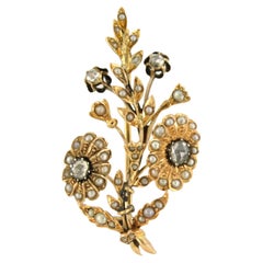 Frühe viktorianische Brosche mit Perlen und Rosendiamanten bis zu 0,20ct 14k Gelbgold