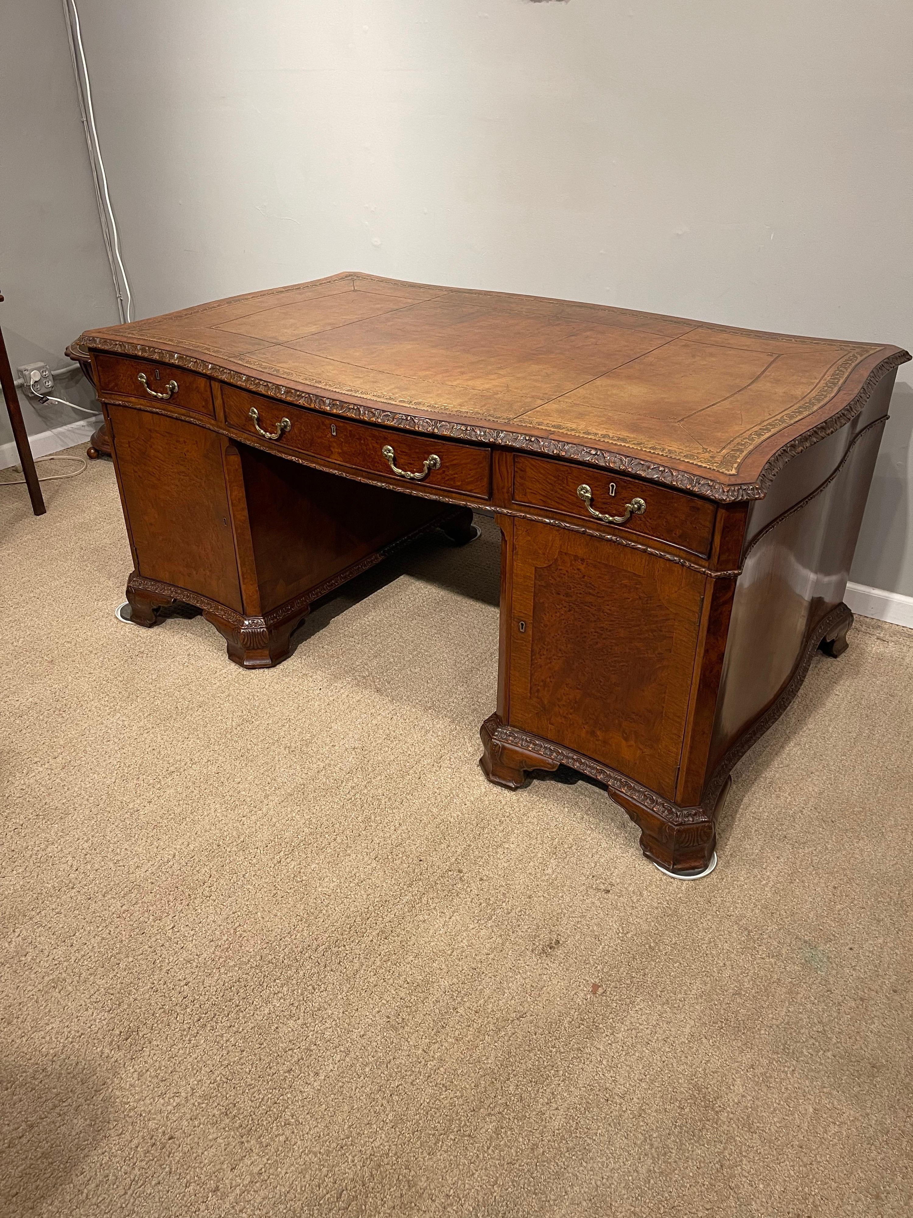 English Early Victorian Burl Walnut 2 Pedestal Desk For Sale