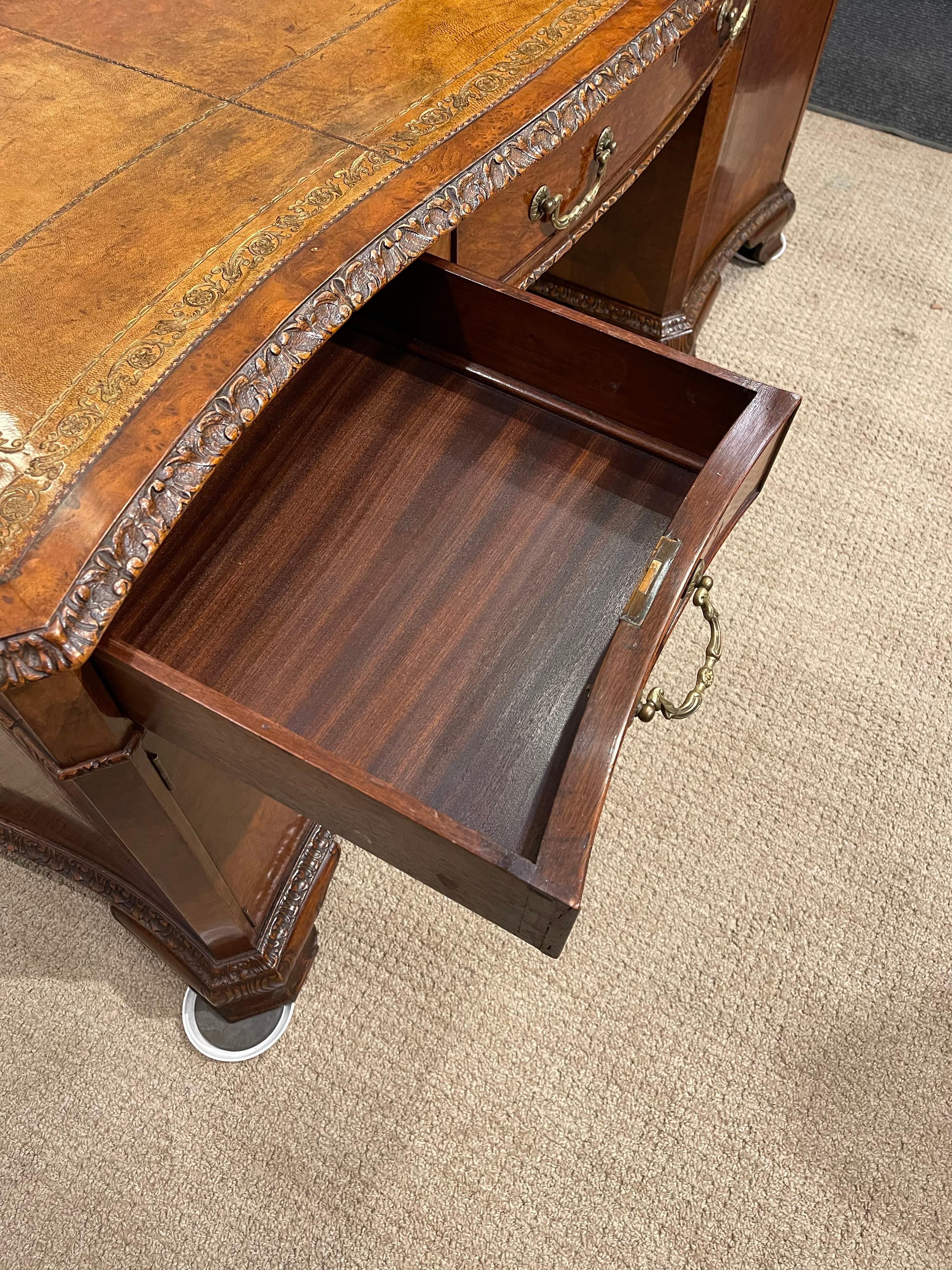 Early Victorian Burl Walnut 2 Pedestal Desk For Sale 9