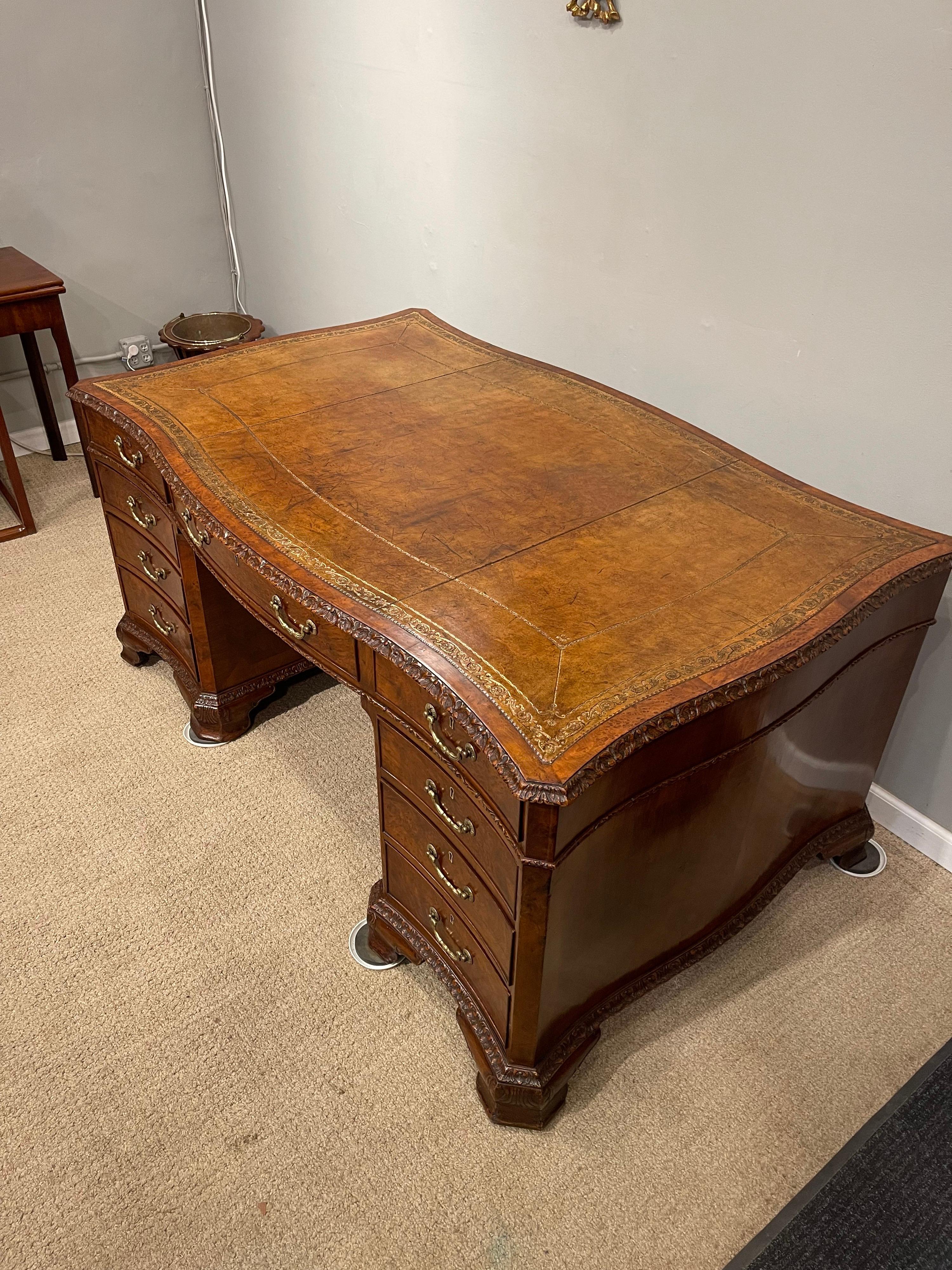 Early Victorian Burl Walnut 2 Pedestal Desk For Sale 11