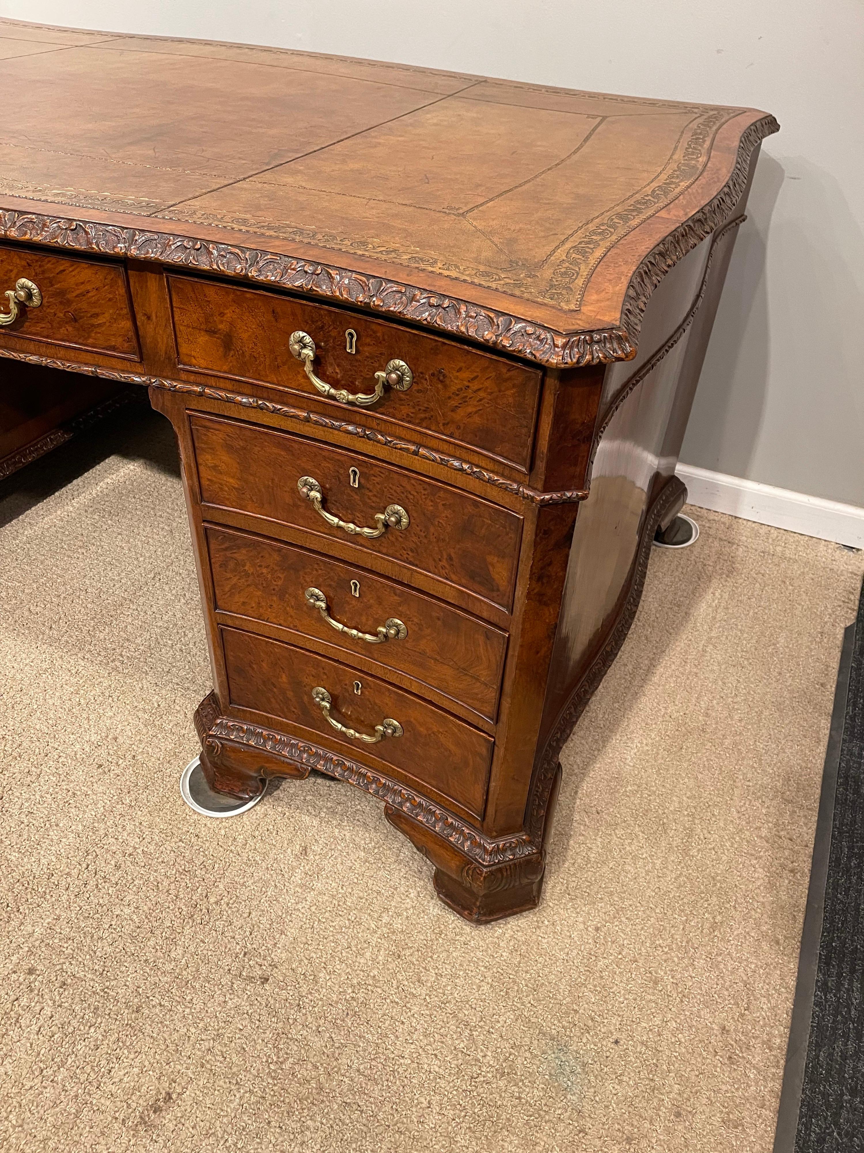 Early Victorian Burl Walnut 2 Pedestal Desk
With Cigar box mahogany drawers & brass hardware 
With 3 keys. Also comes with later glass top