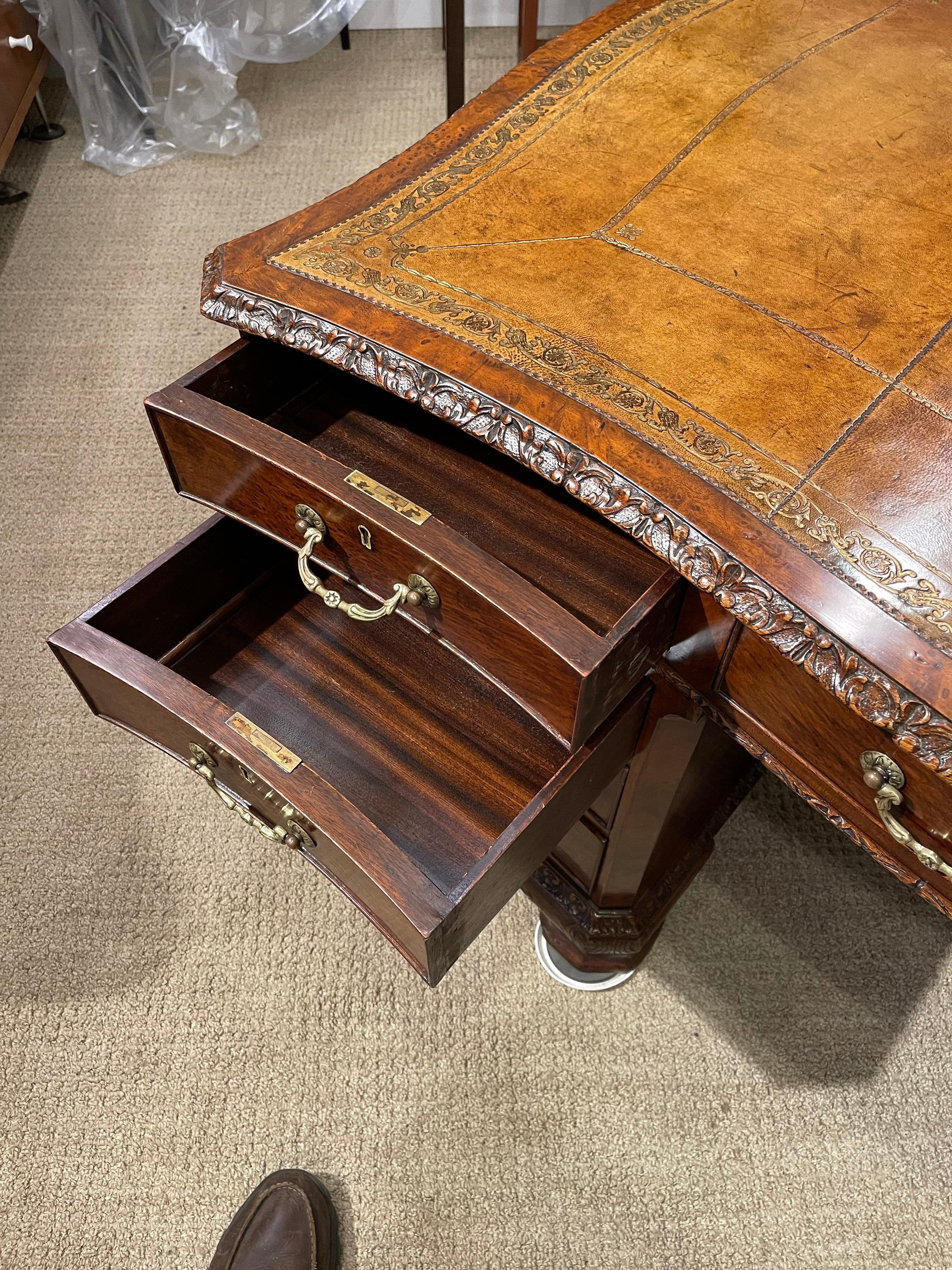 Brass Early Victorian Burl Walnut 2 Pedestal Desk For Sale