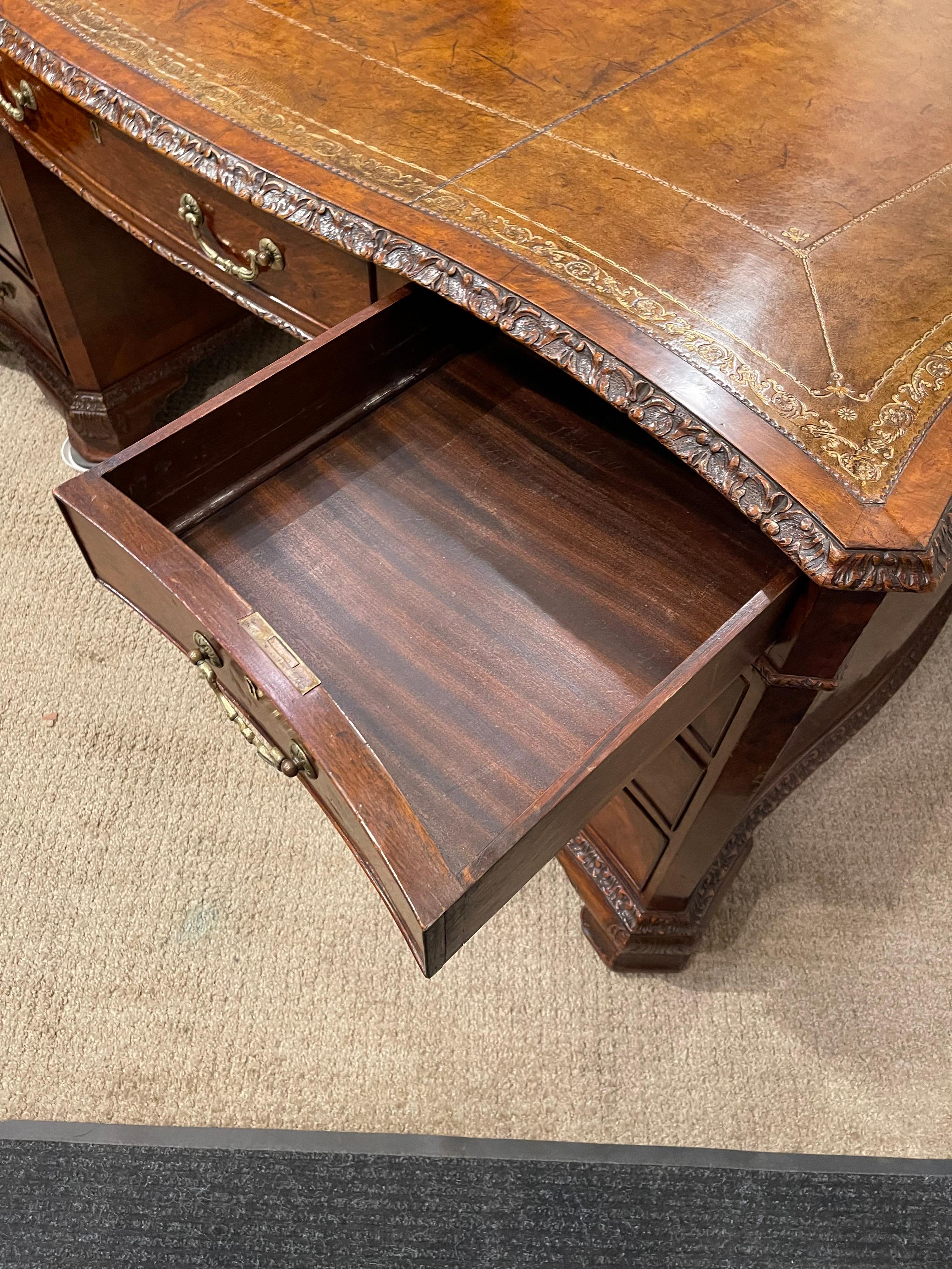 Early Victorian Burl Walnut 2 Pedestal Desk For Sale 13