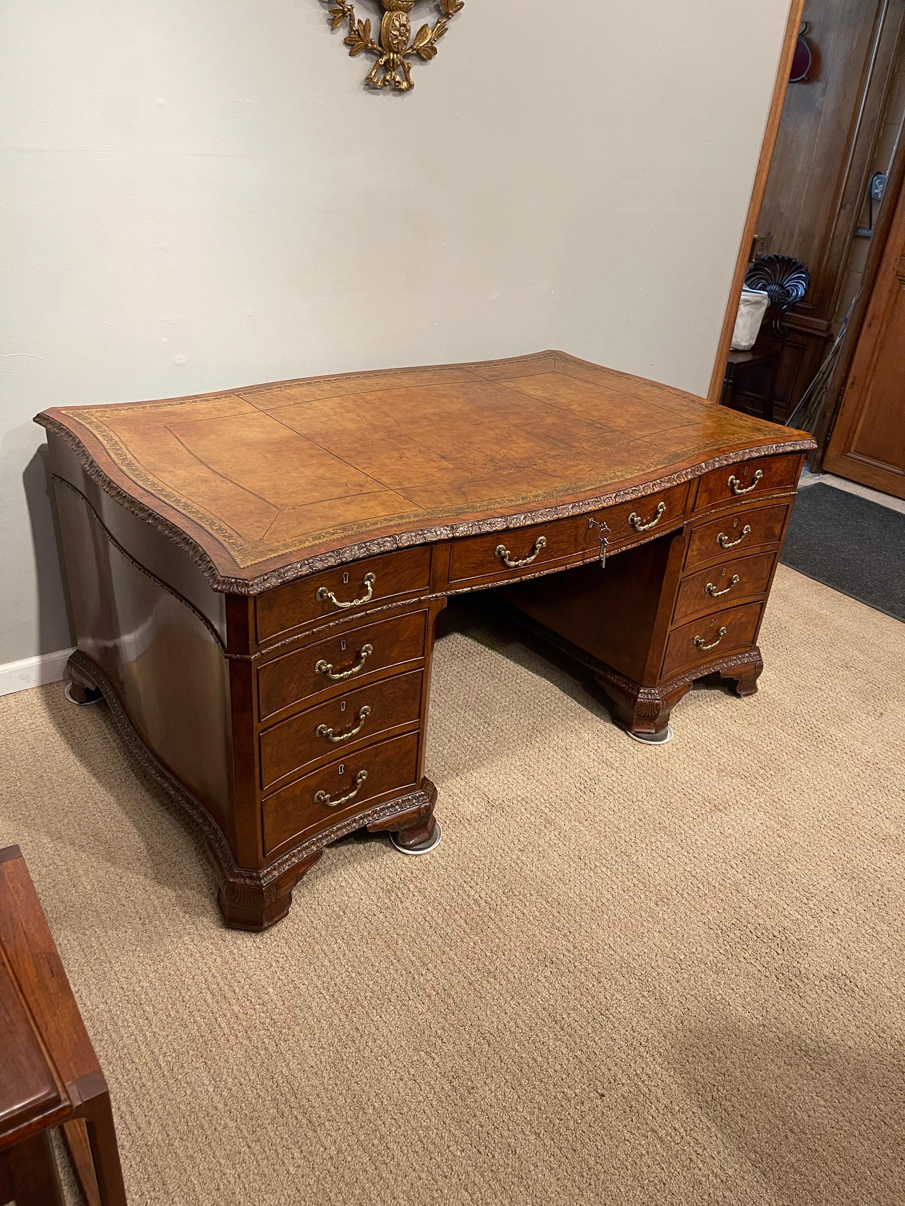 Embossed Early Victorian Burl Walnut 2 Pedestal Desk For Sale