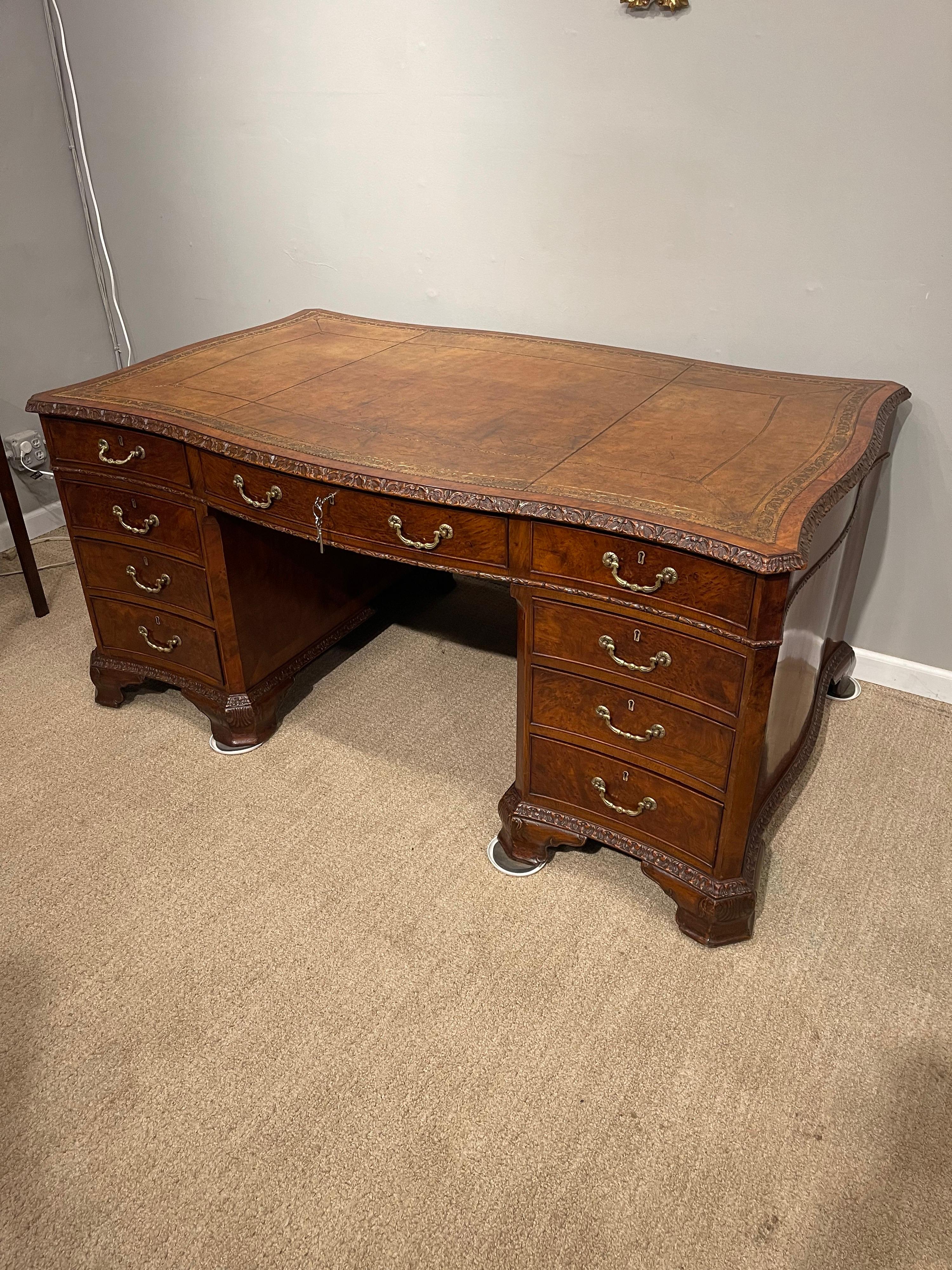 Early Victorian Burl Walnut 2 Pedestal Desk For Sale 1