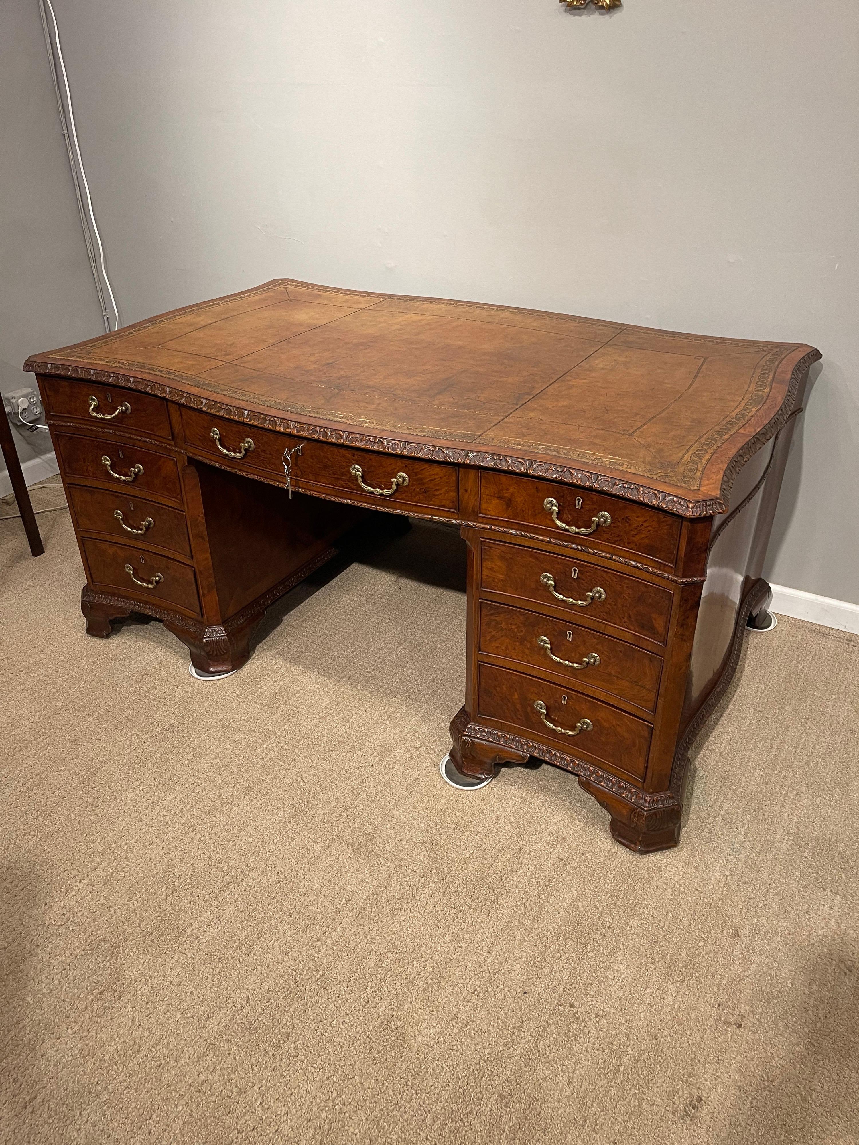 Early Victorian Burl Walnut 2 Pedestal Desk For Sale 2