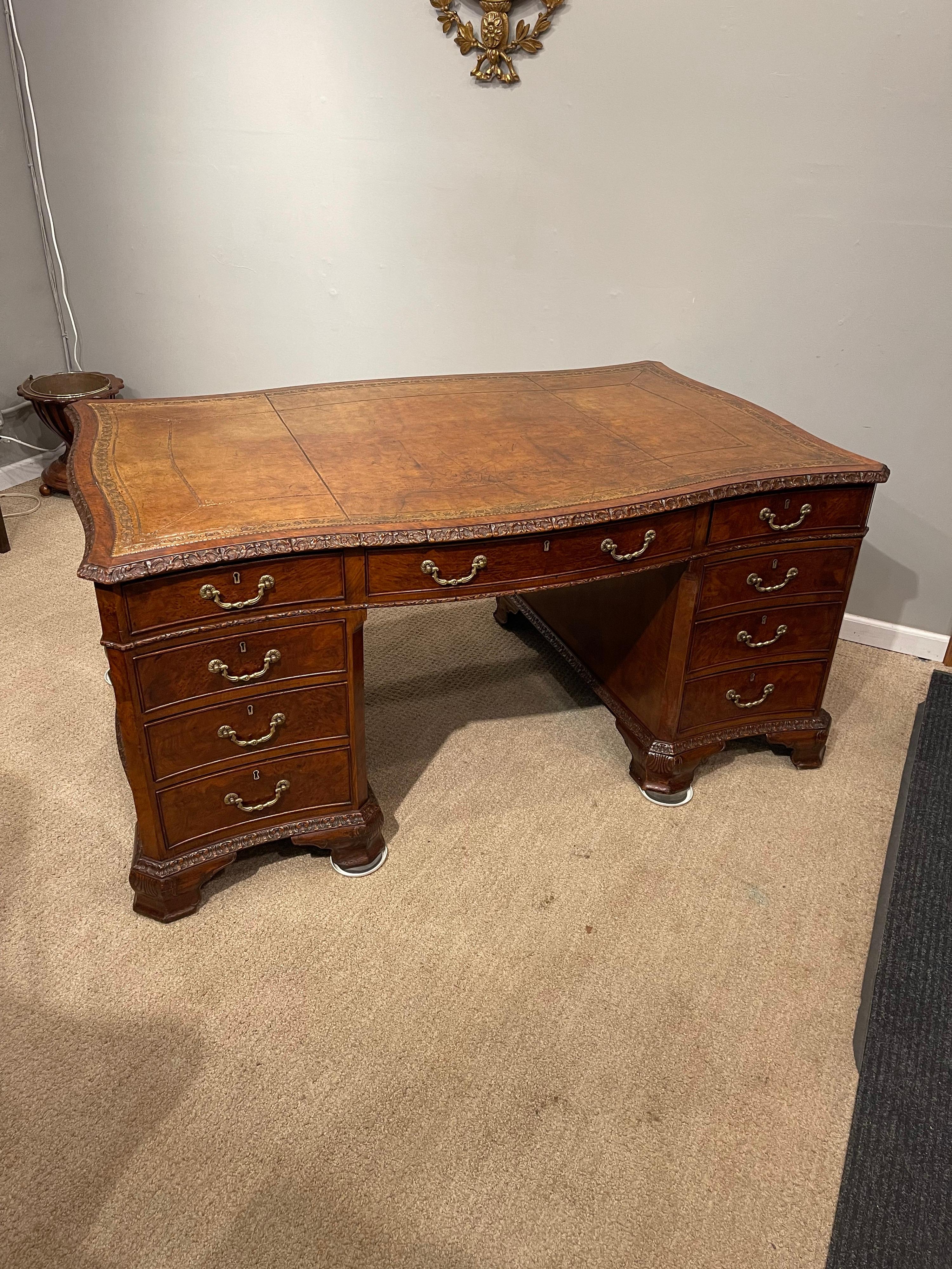 Early Victorian Burl Walnut 2 Pedestal Desk For Sale 3