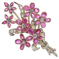 Early Victorian Burmese Ruby and Diamond Floral Spray Brooch