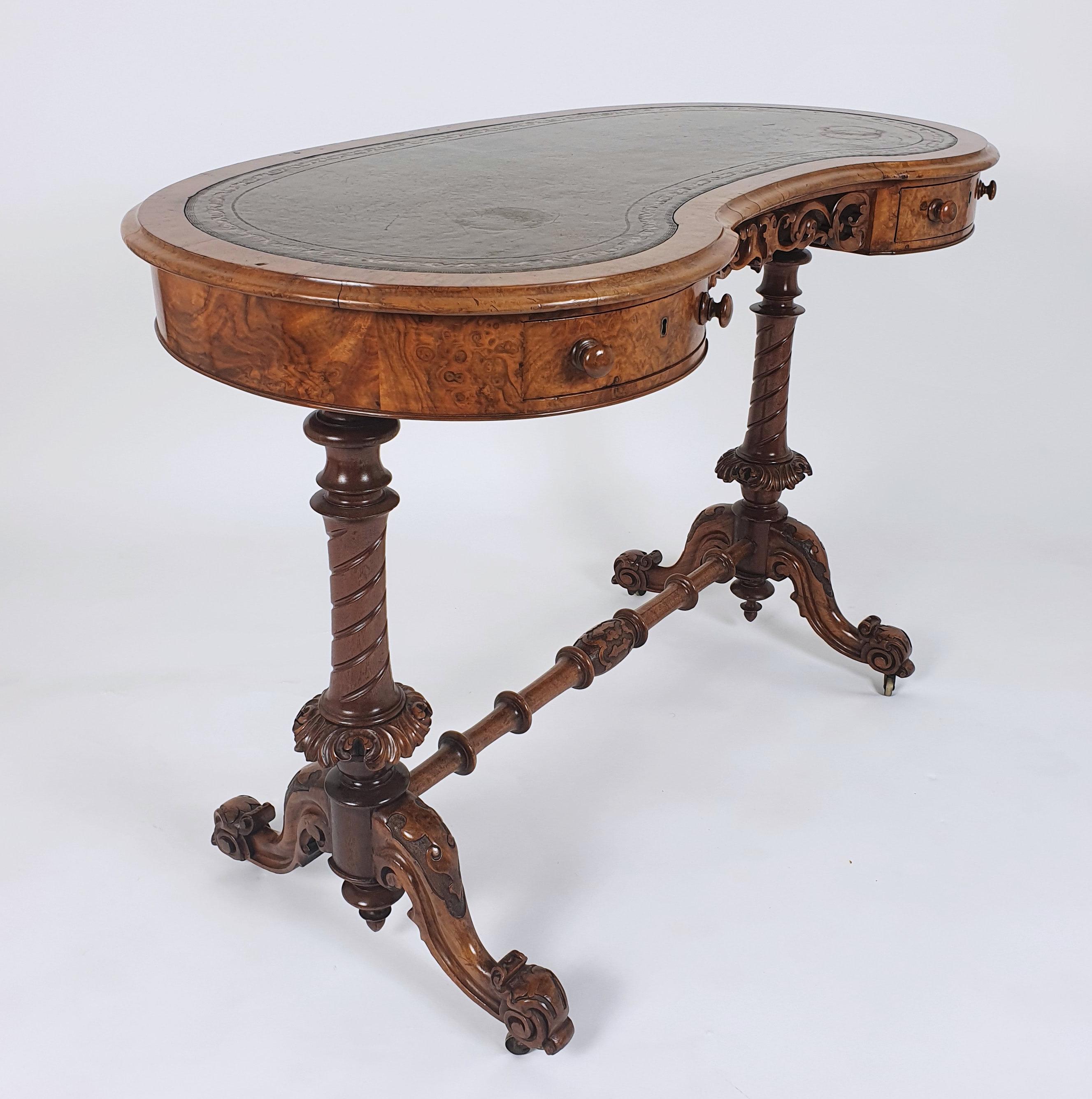 Early Victorian Burr Walnut Kidney Shaped Ladies Writing Table 5