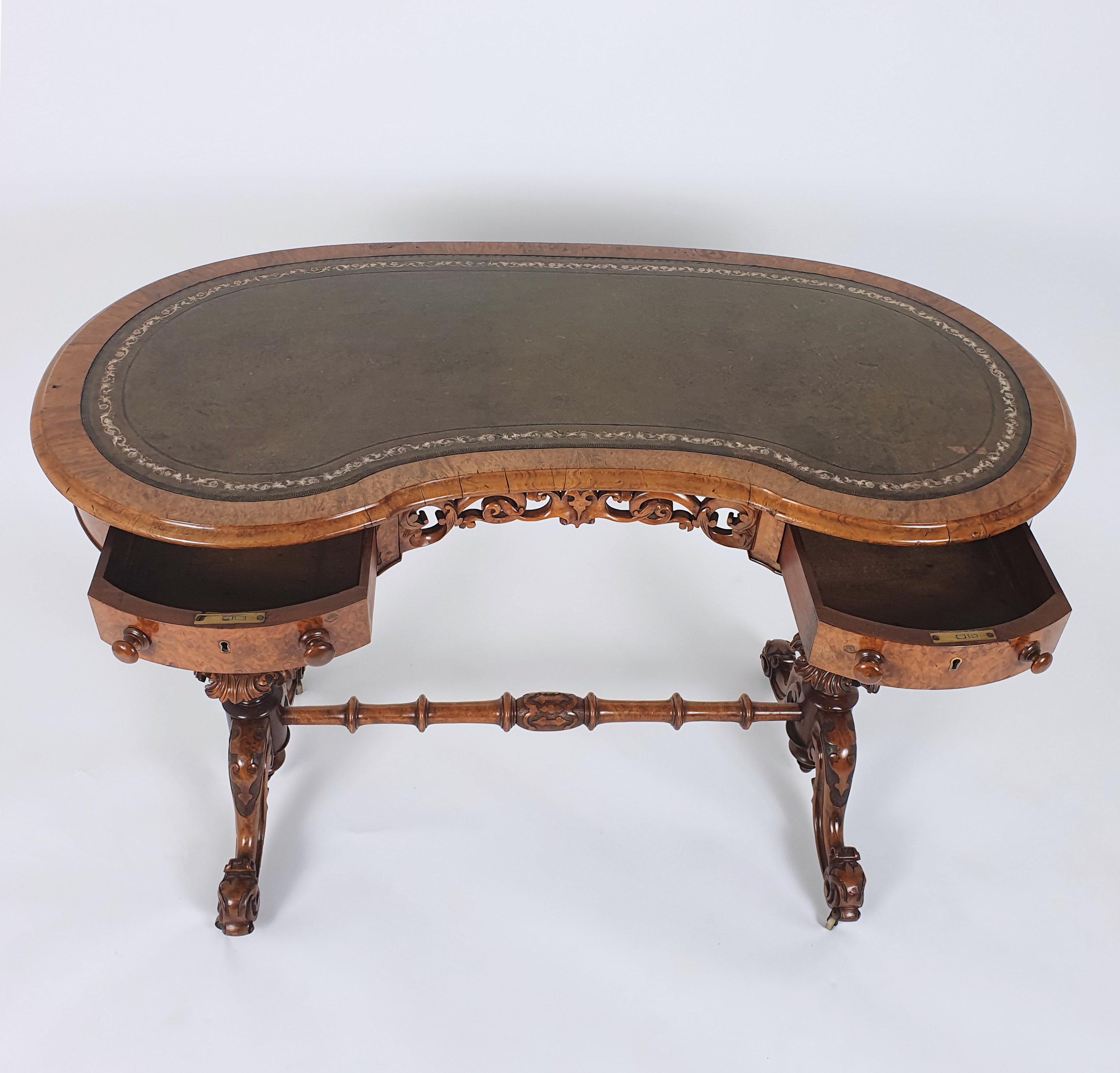 19th Century Early Victorian Burr Walnut Kidney Shaped Ladies Writing Table