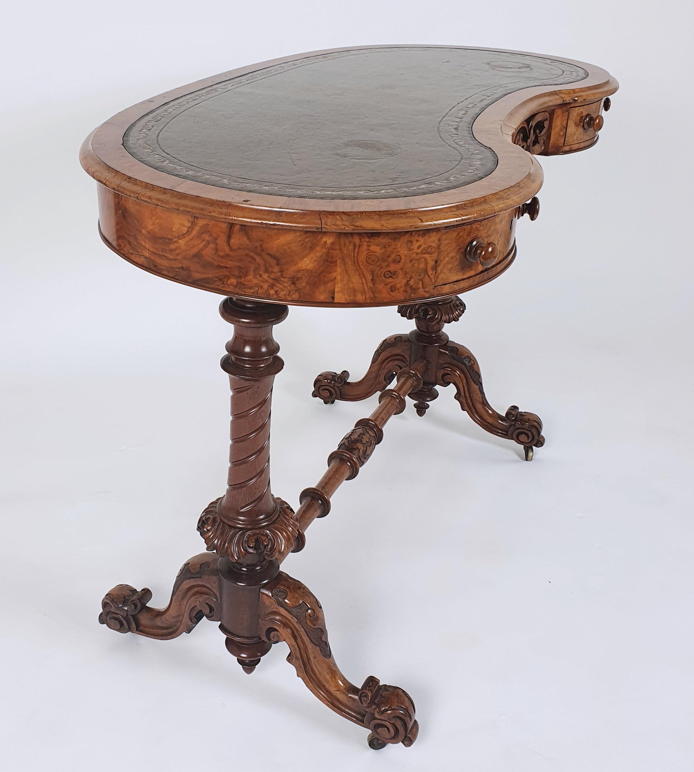 Early Victorian Burr Walnut Kidney Shaped Ladies Writing Table 2