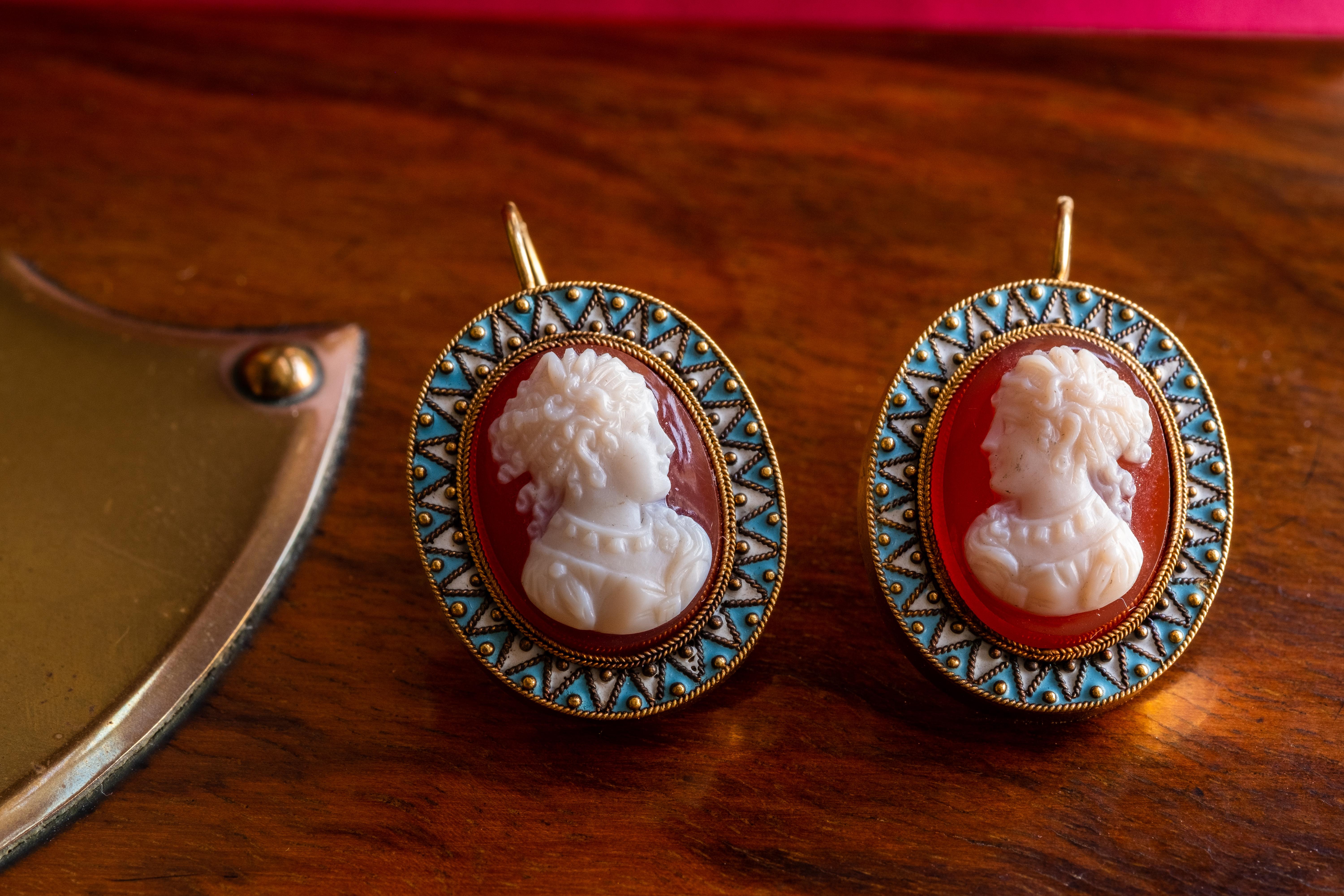 Women's Early Victorian Cameo & Enamel Earrings For Sale