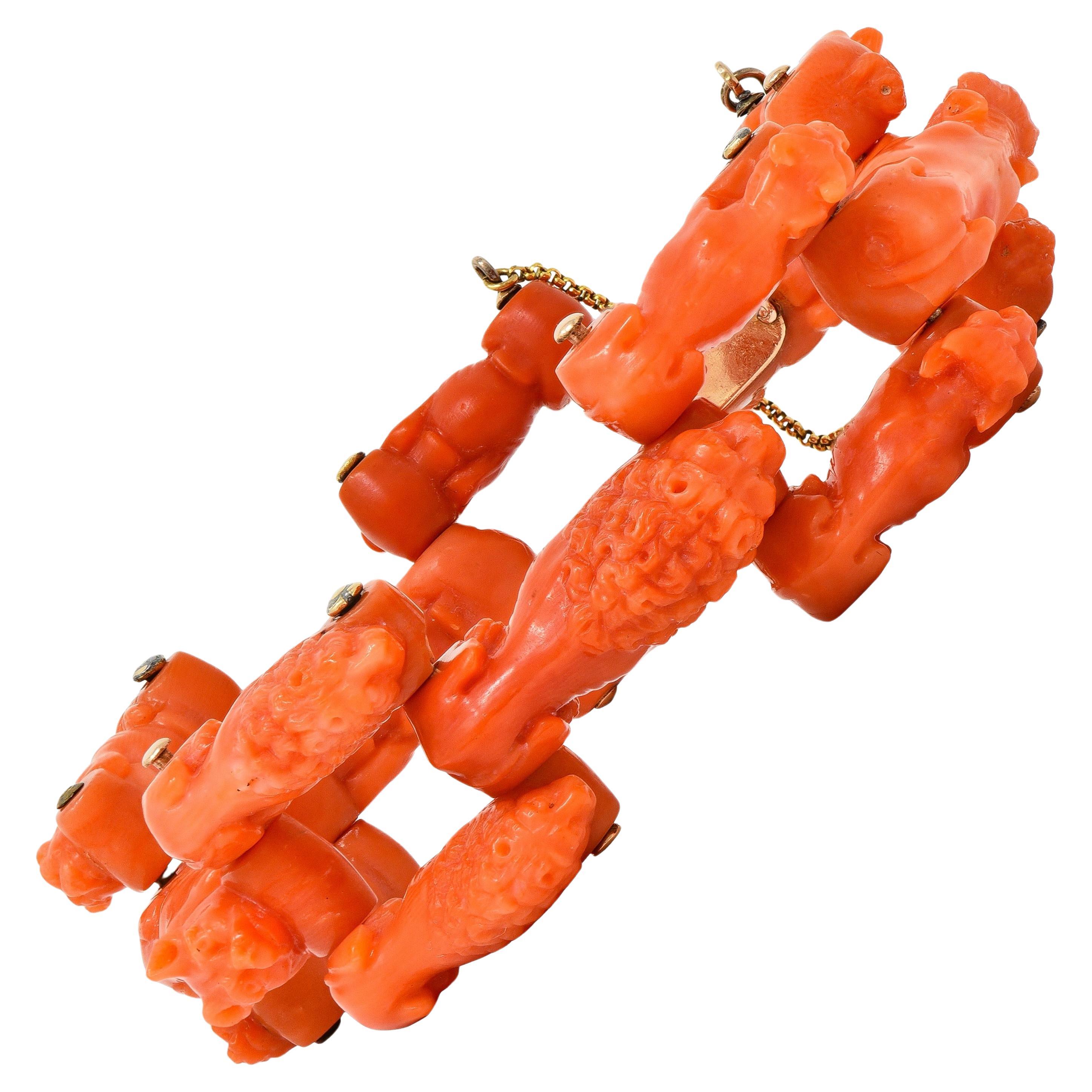 Early Victorian Carved Coral 14 Karat Gold Animal Link Antique Bracelet