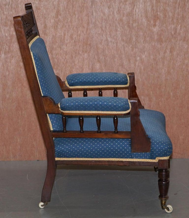 Early Victorian Carved Hardwood Library Reading Armchair Regency Blue Upholstery For Sale 1