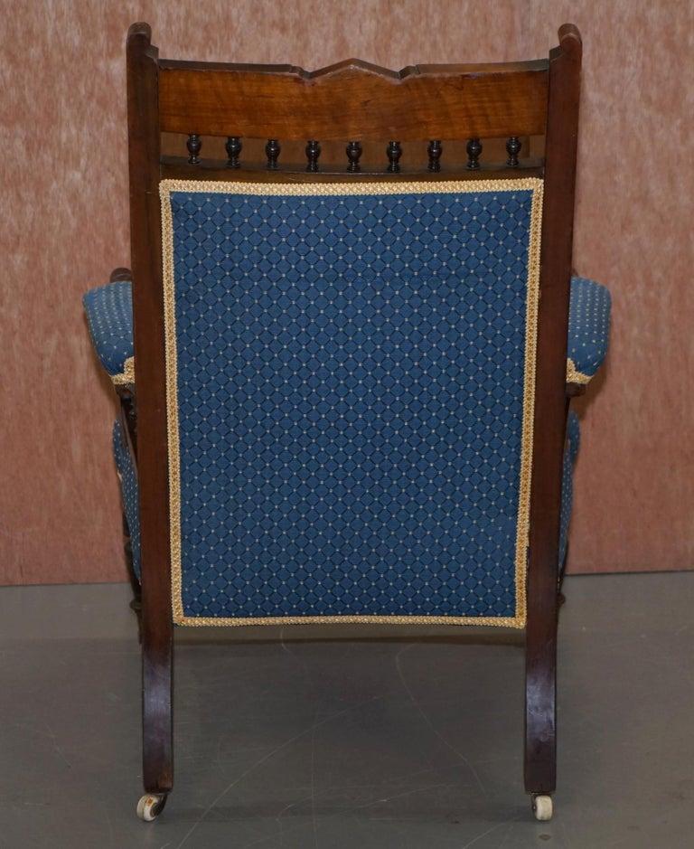 Early Victorian Carved Hardwood Library Reading Armchair Regency Blue Upholstery For Sale 2