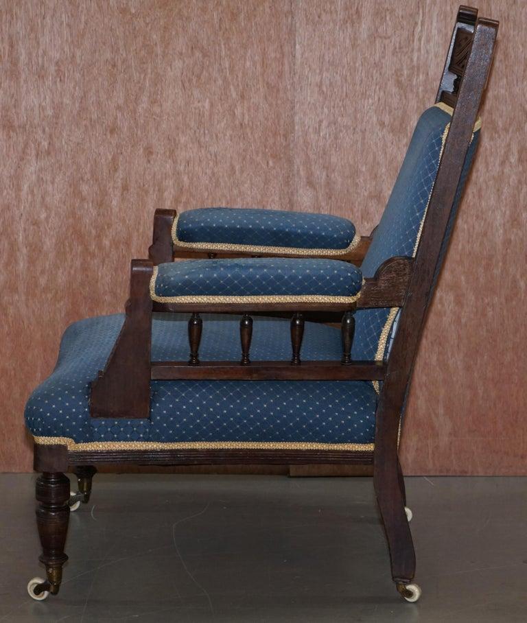 Early Victorian Carved Hardwood Library Reading Armchair Regency Blue Upholstery For Sale 3