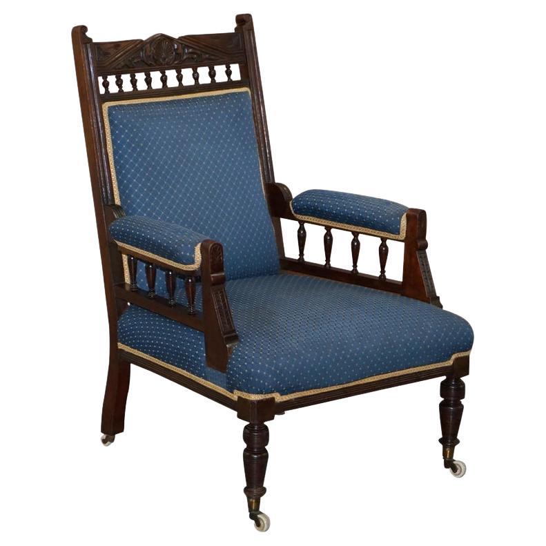 Early Victorian Carved Hardwood Library Reading Armchair Regency Blue Upholstery For Sale