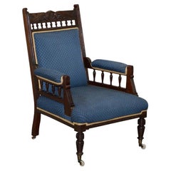 Used Early Victorian Carved Hardwood Library Reading Armchair Regency Blue Upholstery