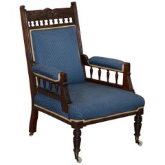 Used Early Victorian Carved Hardwood Library Reading Armchair Regency Blue Upholstery