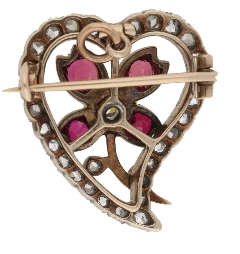 Women's or Men's Early Victorian Diamond and Ruby Flower Heart Brooch/Pendant in Silver on Gold