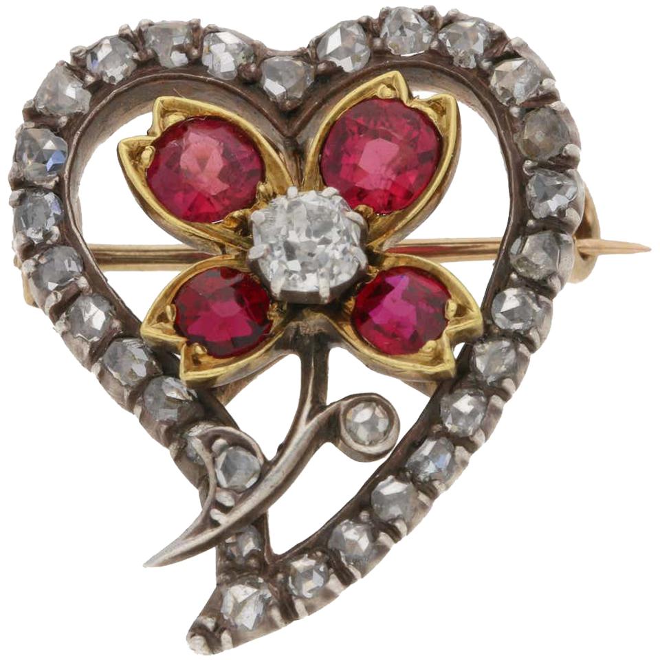Early Victorian Diamond and Ruby Flower Heart Brooch/Pendant in Silver on Gold